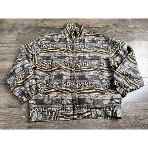 EUC Womens FUDA SILK 100% SILK padded shoulder full zip jacket animal print SZ M